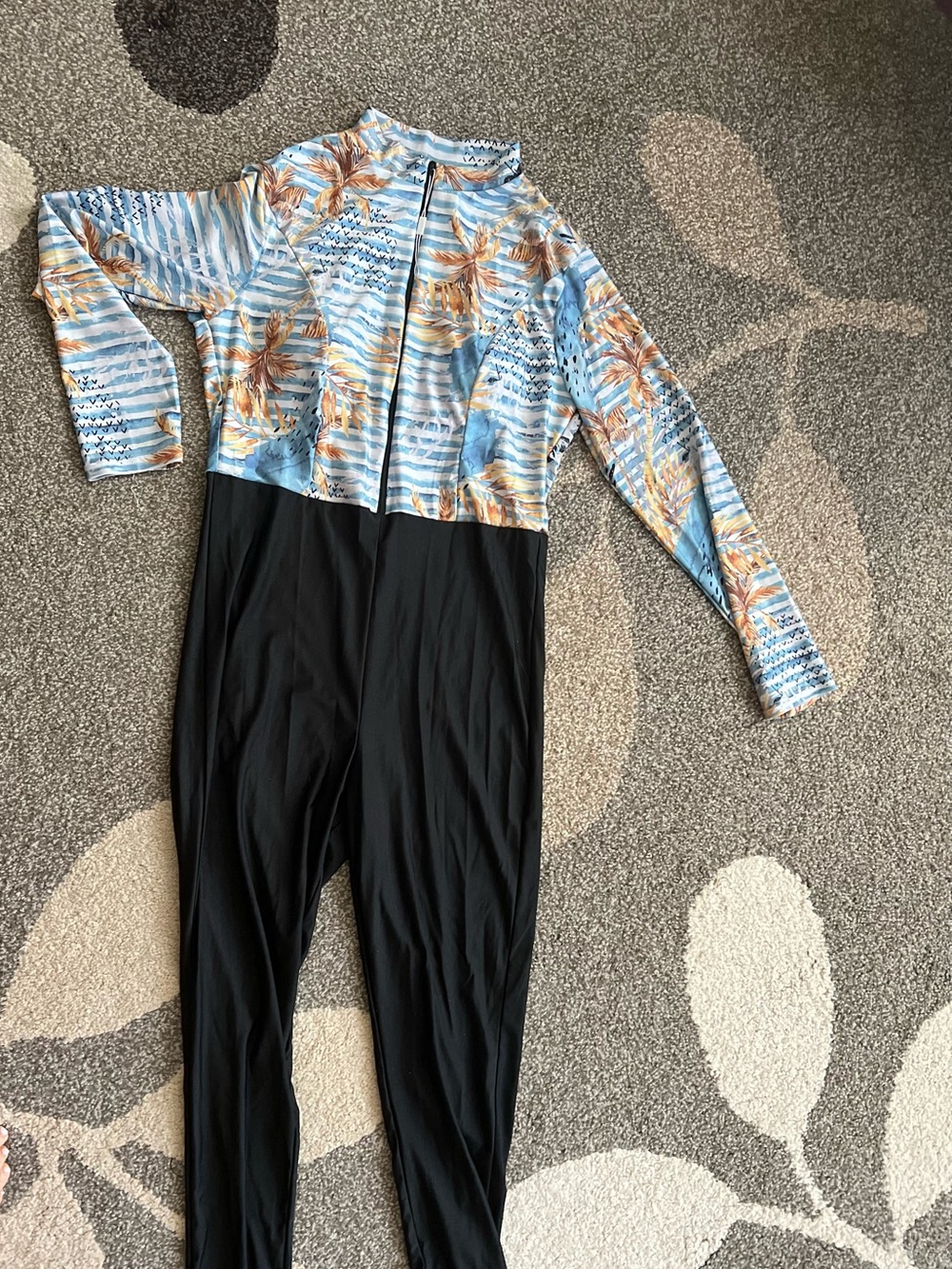 Blue Floral and Black  Long-Sleeve one piece  Swimsuit large/xl